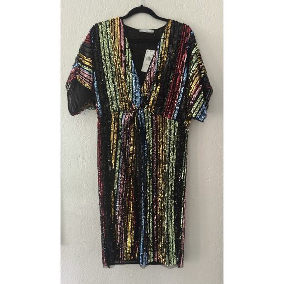 MNG Mango Multicolored Sequin Sheath Kimono Sleeve Party Cocktail Dress NWT - Picture 4 of 16